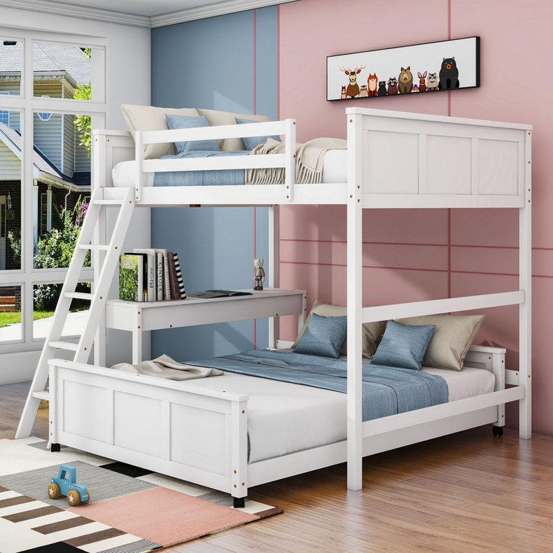 Lit superposé en bois avec bureau et tiroirs Janush, Double sur double, Blanc