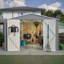 Remise de rangement extérieure grise 10 pi x 10 pi, structure galvanisée, portes verrouillables, ventilation et toit incliné, idéale pour l'acier de patio, idéale