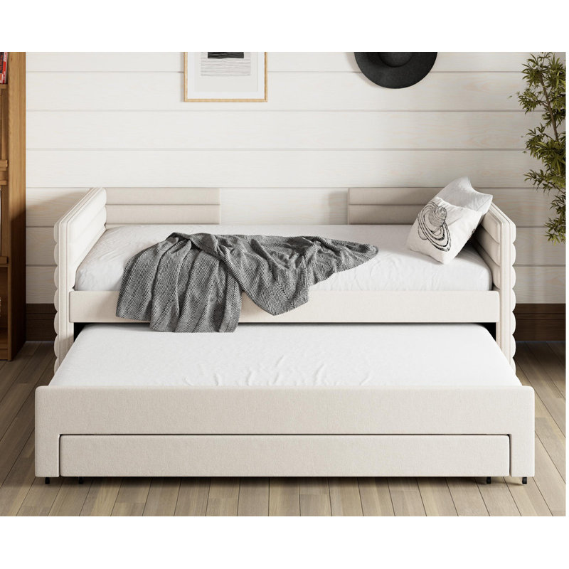 Twin Size Upholstered Daybed with Trundle & 3 Storage Drawers - Linen Fabric Sofa Bed for Guest Room & Living Room, Space-Saving Modern Design, No Box Spring Needed.