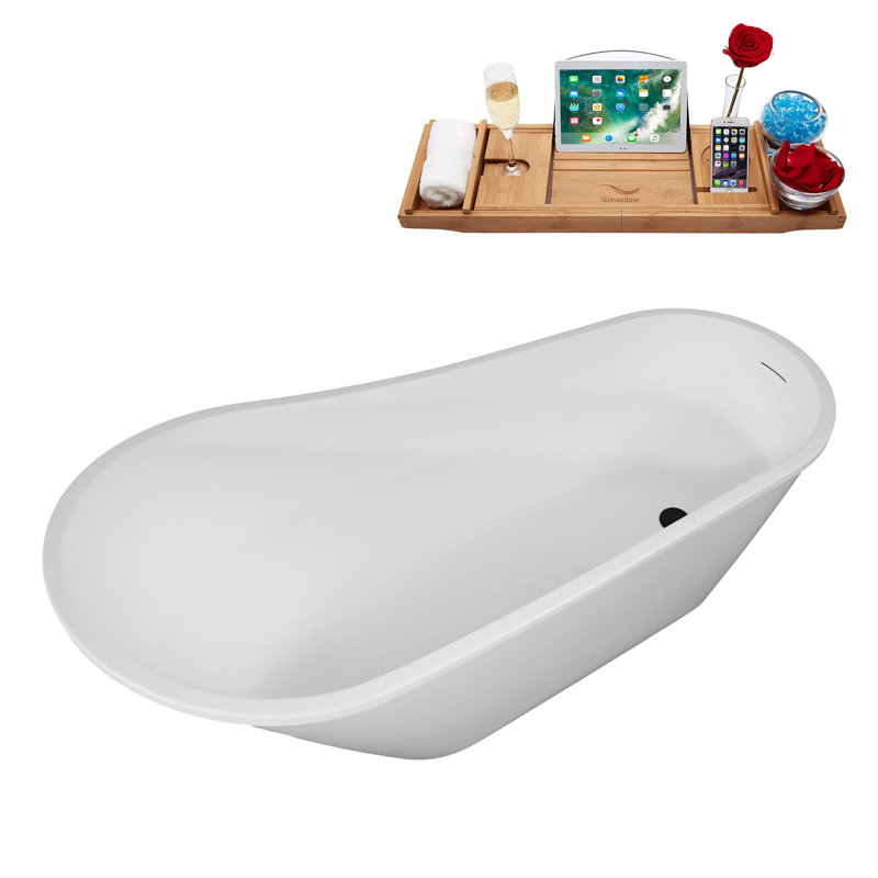 61" Streamline Soaking Freestanding Tub and Tray With Internal Drain, Matte Black