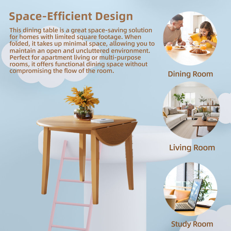 Round Dining Table With 2 Drop Leaf, Light Brown