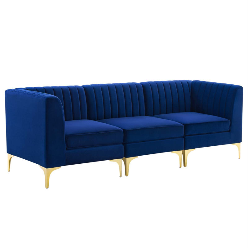 Lynn 91.5" Velvet Tuxedo Arm Modular Sofa with Reversible Cushions, Navy