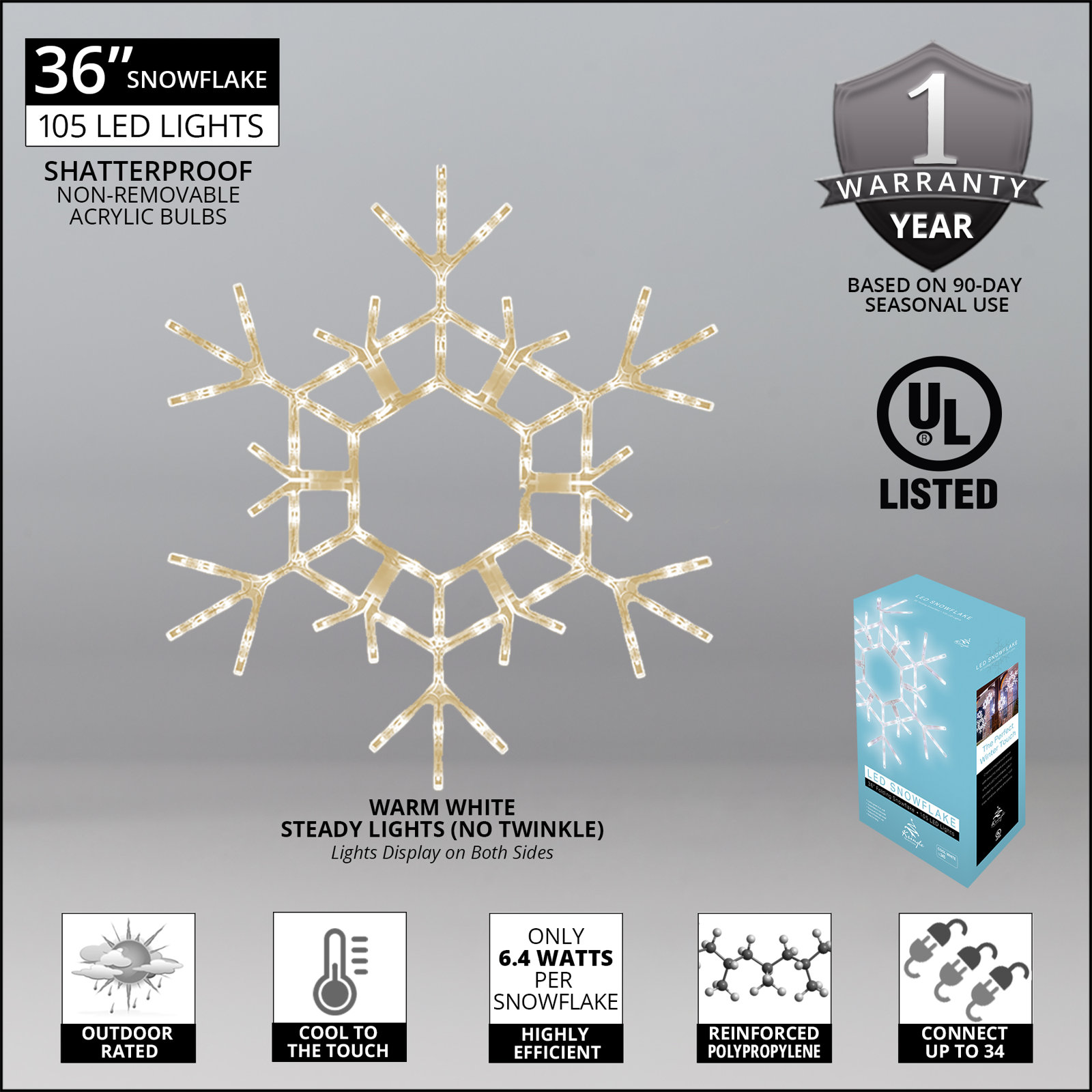 Weather Resistant Christmas Decoration, 36" H, Warm White