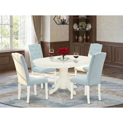 5 Piece Dining Table Set Includes an Oval Dining Room Table with Butterfly Leaf and 4 Baby Blue Linen Fabric Parsons Chairs, Linen White