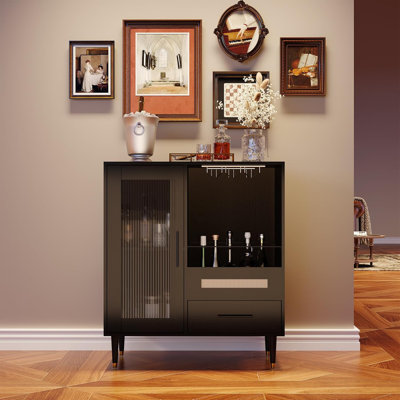 Modern Wine Bar Cabinet, Liquor Coffee Bar Cabinet Storage Buffet Sideboard Table with Wine Rack and Drawers Glass Door Display for Home Kitchen Dinin by Ophelia & Co.