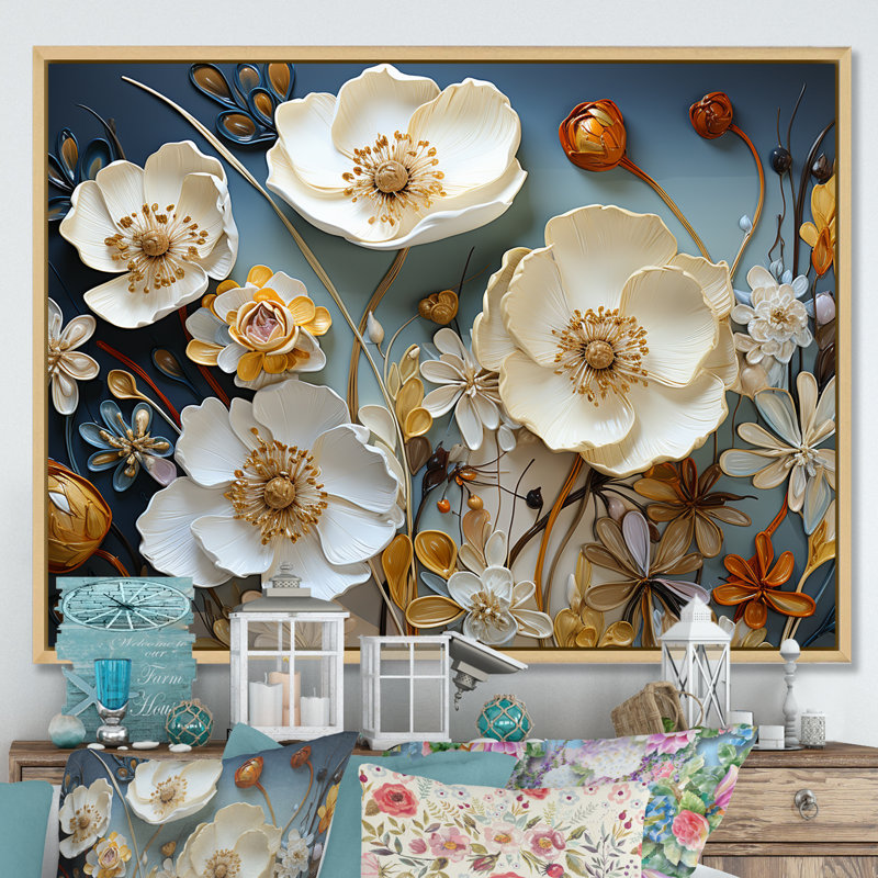 Jaune et gris coquelicots, art liquide - art floral sur toile, Cadre naturel flottant, H 12 po x l 20 po x P 1 po