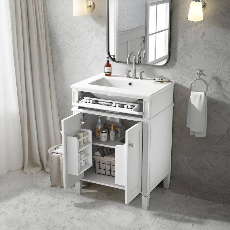 24" Bathroom Vanity with Ceramic Sink, 2 Soft-Close Doors, Tip-Out Drawer, Organizers, Silver, White