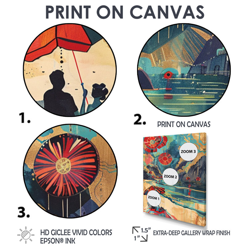 Collage de parasol japonais sur une plage japonaise - reproduction d'art mural plage, Toile avec cadre flottant noir