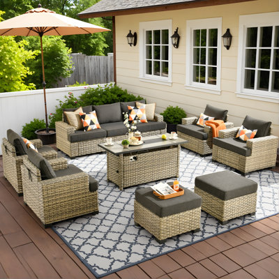 Carolle 9 Piece Patio Furniture With Fire Pit Table, 9-person Comfy Outdoor Rattan Wicker Conversation Set For Porch Balcony Backyard Pool by Lark Manor
