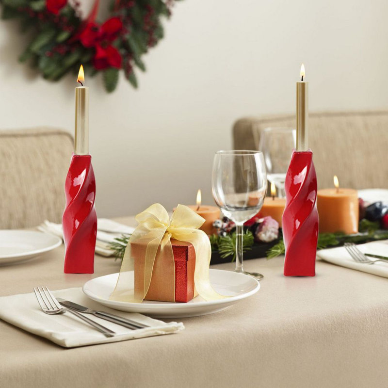Adele Curvy Ceramic Taper Candle Holder Set of 2, 11" Sculptural Candlesticks, Red, Red