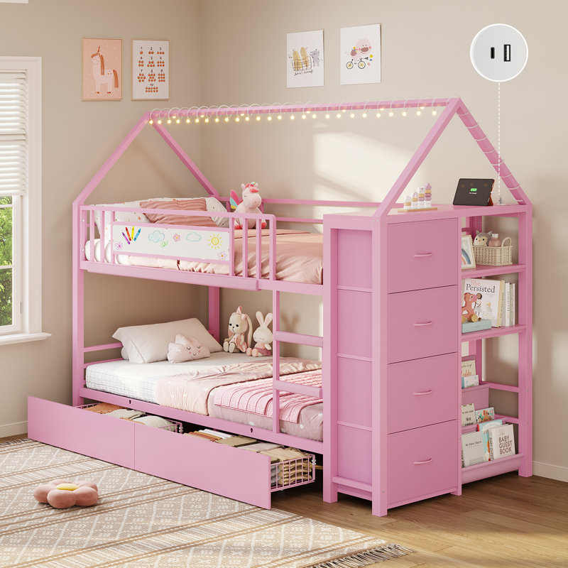 Bunk Bed Twin Over Twin With Storage Drawers And Globe String Lights House Shaped Low Bunk Bed With Montessori Bookshelf Metal Bunk Beds With Ladder And Guardrail,space Saving, Pink.