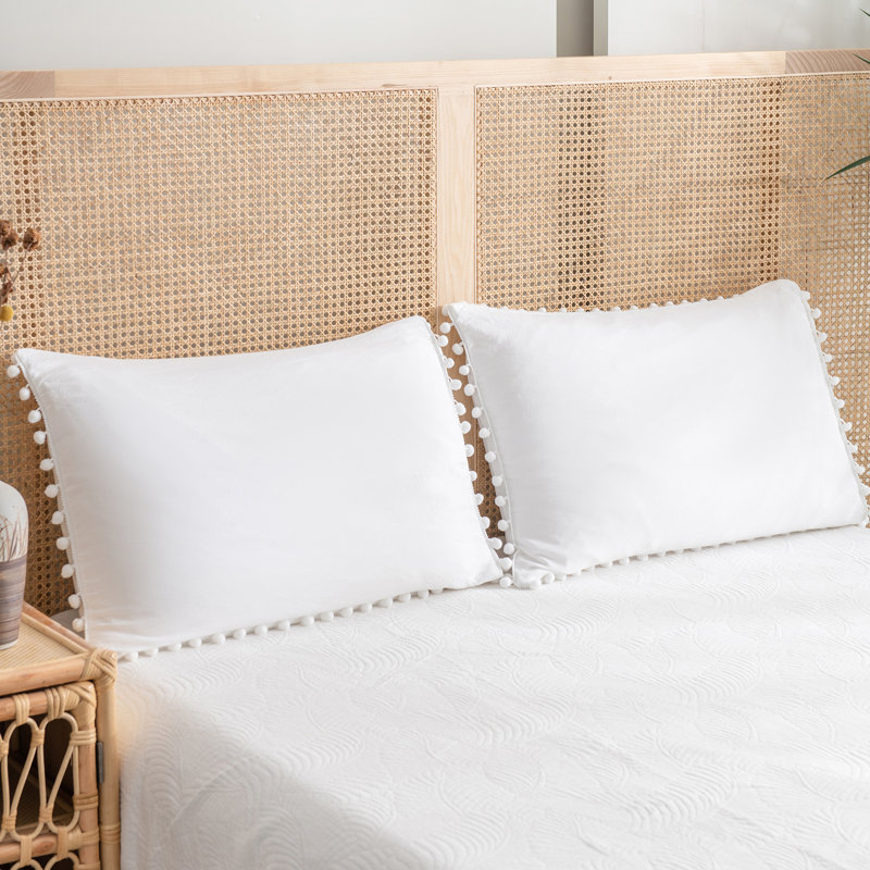 White Pillowcases, Standard Pom Poms Pillow Case Set of 2, 100% Washed Microfiber, Soft Solid White Pillow Shams, 2 Pack