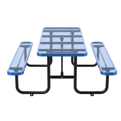 Table de pique-nique rectangulaire bleue de 96 po avec banc en acier, pieds rouillés, surface en filet dense, trou de parasol intégré pour un croquis extérieur confortable et campement en acier enduit, filet à haute charge, patio