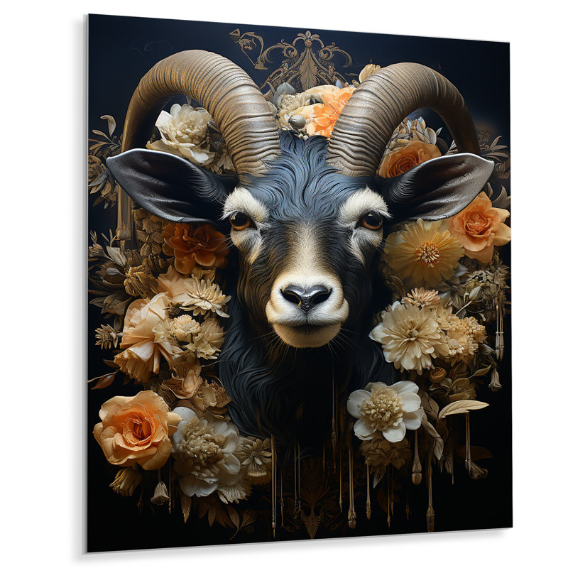 Illustration florale de chèvre mâle noir - art mural en métal animal de chèvre, H 40 po x l 30 po x P 1,5 po