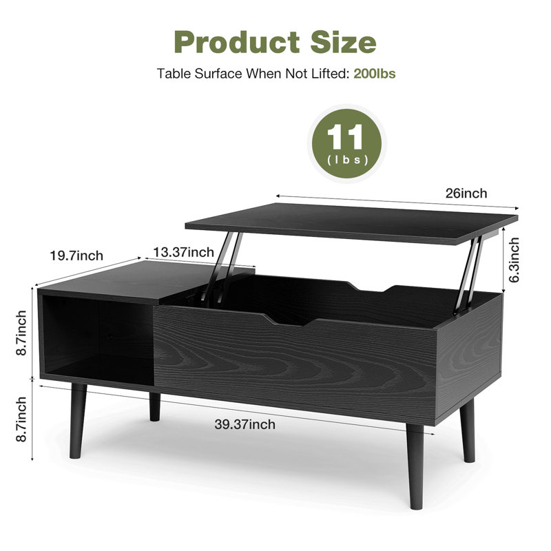 Lift Top Coffee Storage Wood Tables With Hidden Compartment, Black, Black