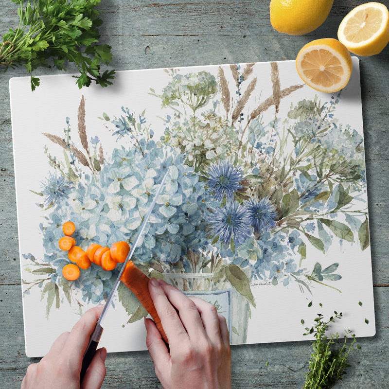 Bohemian Blue Floral Tempered Glass Cutting Board with Non-Slip Feet