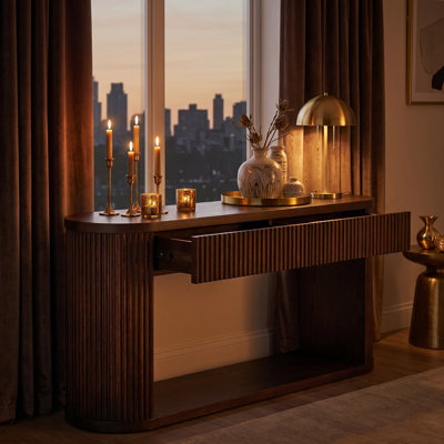 Oval Fluted Console Table With 2 Drawers & Bottom Shelf – Wood Entryway Table With Smooth Metal Slides For Living Room