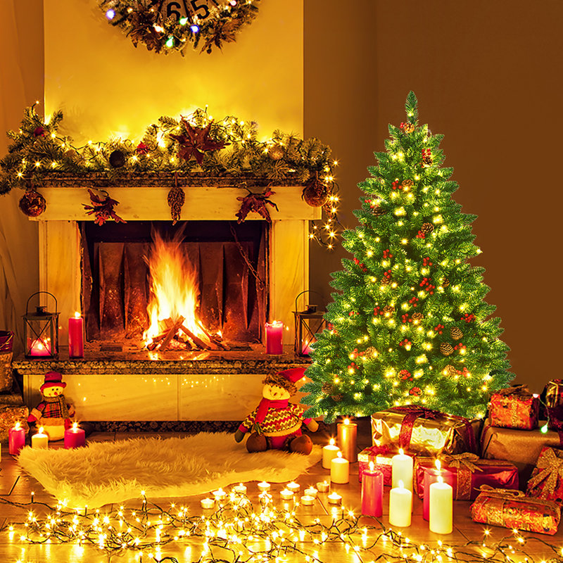 Arbre de Noël vert pin artificiel vert avec lumières DEL et pommes de pin, 4.5'