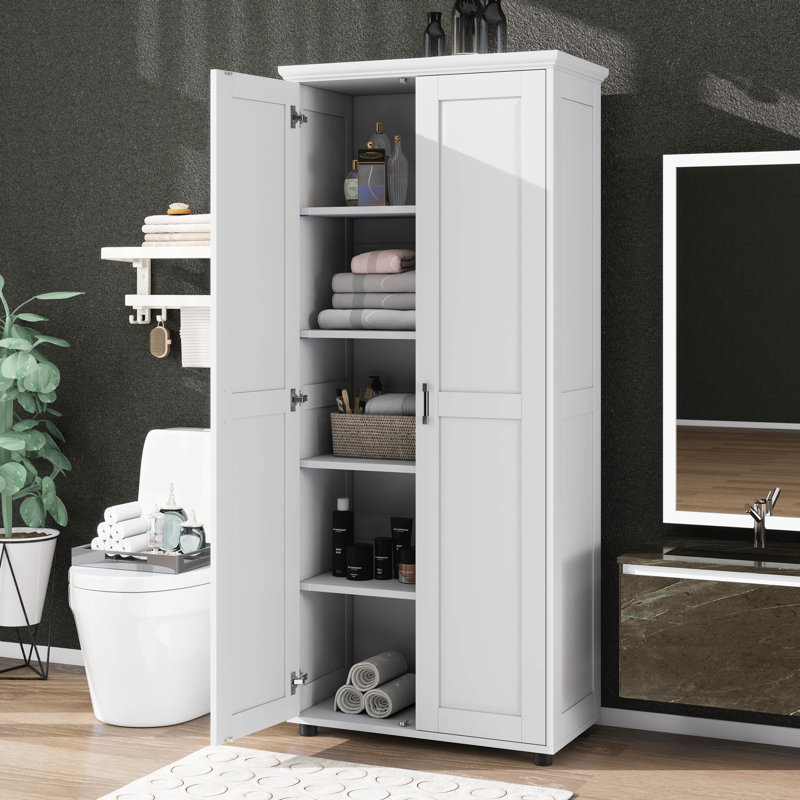Grande armoire de rangement pour salle de bain avec 2 portes pour la salle de bain, armoire autoportante avec tablettes réglables, panneau de fibres à densité moyenne