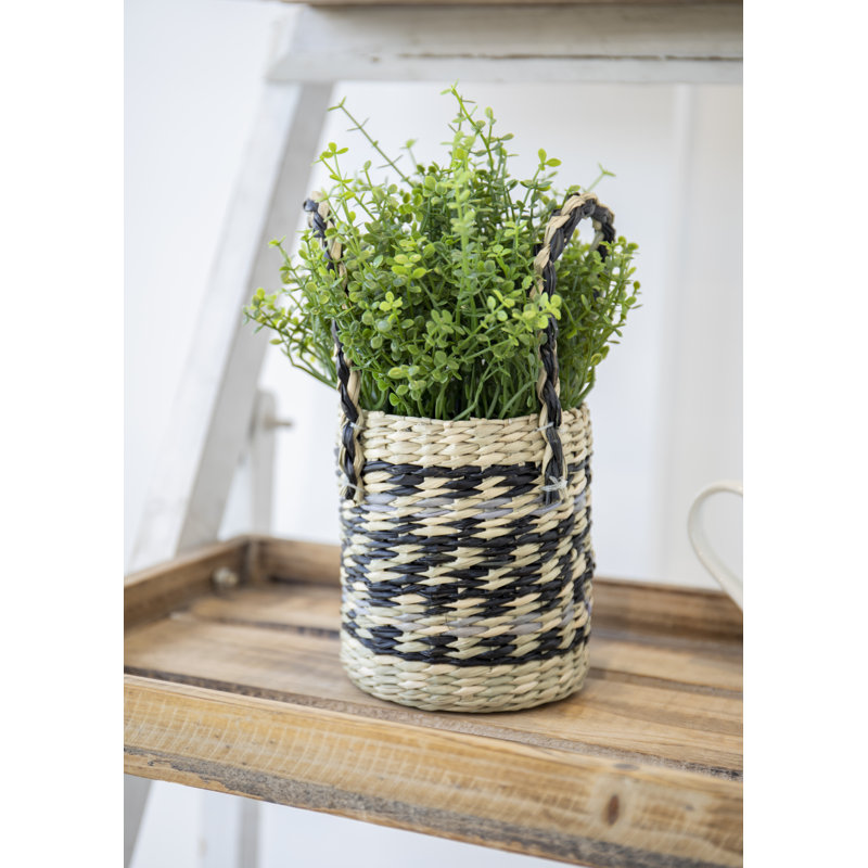 KitchenCraft Seagrass Plant Basket with Handles, Black & Grey Striped Design