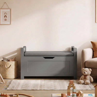 Banc de rangement pour enfants avec coussin rembourré, coffre à jouets en bois avec couvercle rabattable, pouf de rangement, banc à chaussures d'entrée avec charnière de sécurité, siège de rangement pour chambre, salle de jeux ou chambre d'enfant