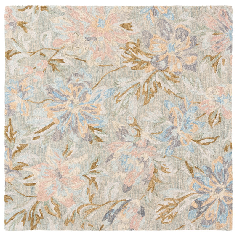 Antario Hand Tufted Wool/Cotton Floral Rug in Beige/Pink/Blue, Square 6'