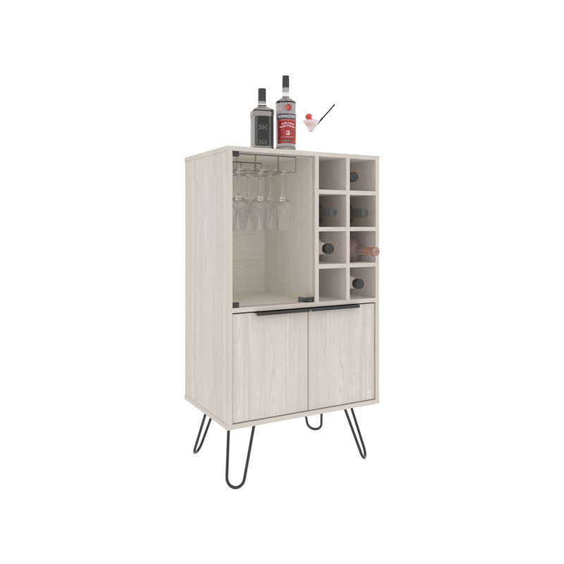 Bar Cabinet 43.1" H, with 2 Doors, 9 Shelves, and 1 Glass Panel, White Washed Oak