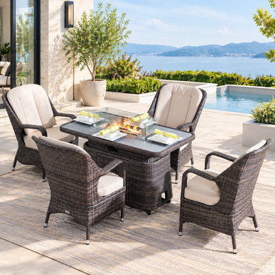 4-Person Wicker Patio Dining Set With Cushions And Adjustable Fire Pit Table