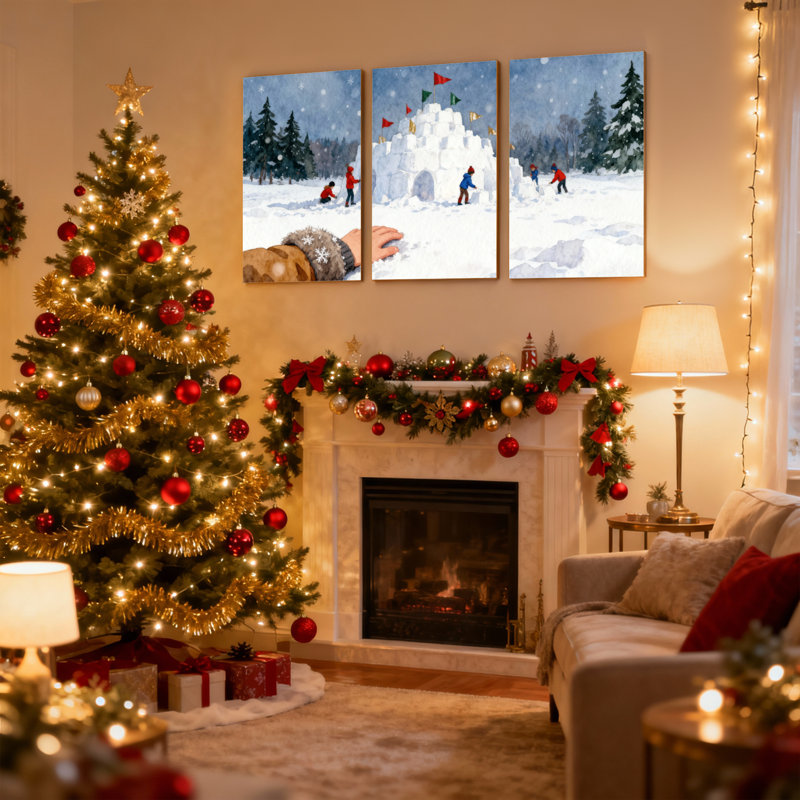 Christmas Winter Scene With Children And Snow Igloo Set of 3 Canvas Wall Art Prints, 18" H x 36" W