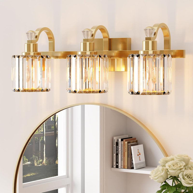 Luminaire de salle de bain moderne en cristal 3 lumières, Doré