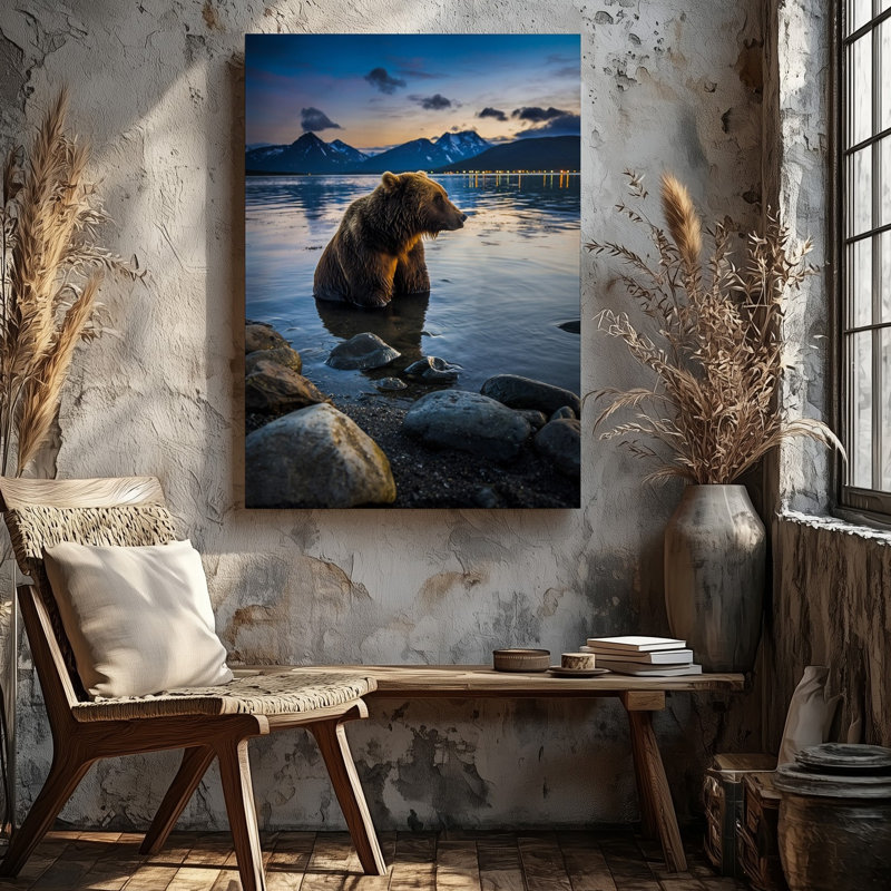 Toile, "Un majestueux ours brun avec sa fourrure humide épaisse scintillante sous un mur", H 30 po x l 20 po