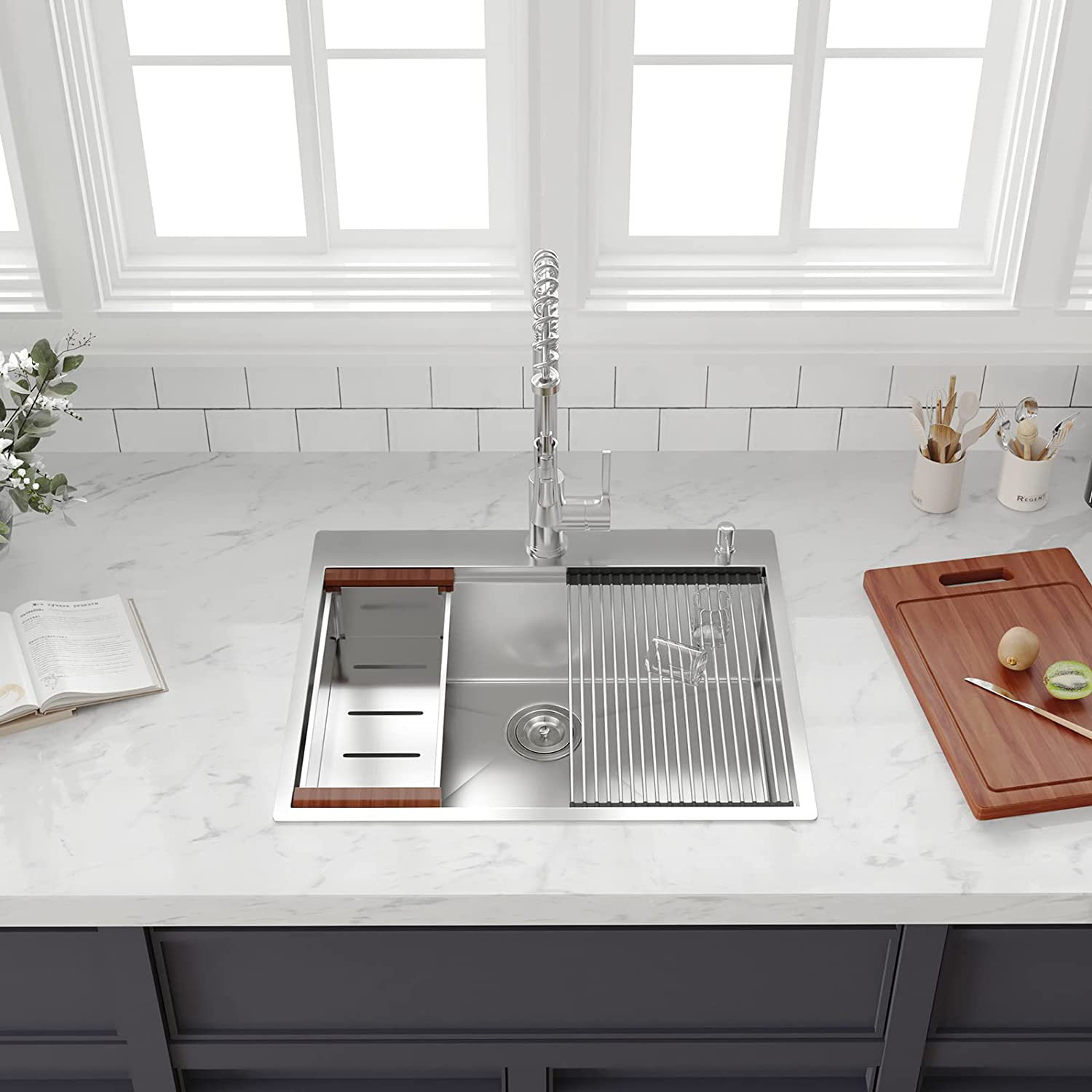 ALWEN 25" L x 22" W DropIn workstation Kitchen Sink 16 Gauge Stainless