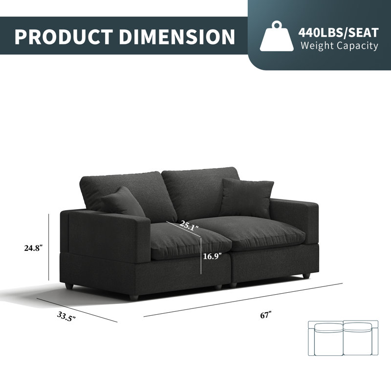 Canapé modulaire de 67 po avec canapé rembourré en nuage Janse, Noir, noir, noir, noir