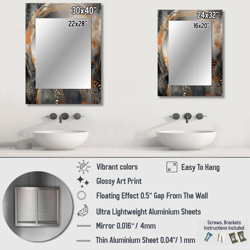 Gold and grey Modern shapes Minimalism IV - Shapes Decorative Mirror, Gold Large Wall Mirror, Printed Metal Art, 40" x 30"