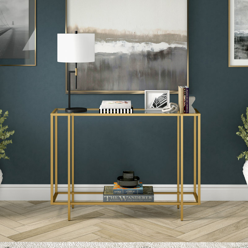Ismir Glass Top Console Table, Brushed Brass