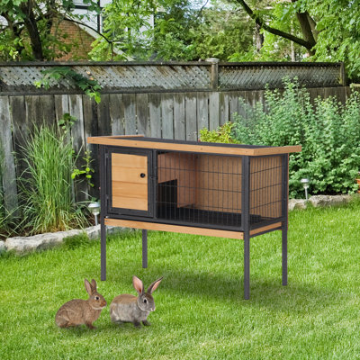 Elevated Rabbit Hutch with Metal Frame and Openable Asphalt Roof, 36" L x 17.8" W x 27.5" H, Fir Wood Small Animal Cage with No-Leak Tray and Wire Mesh Panels, Natural Wood Color, 1 Piece