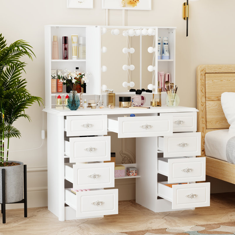 Apiffany Modern 7 Drawers Vanity Table With Lights Mirror