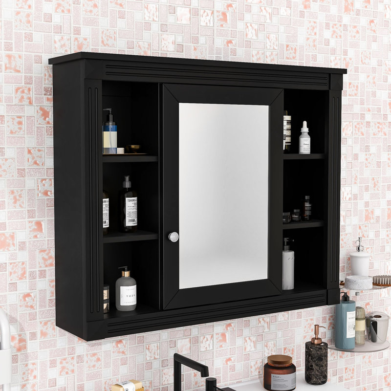 Armoire à pharmacie murale avec miroir et tablettes de rangement Yolandia, Noir