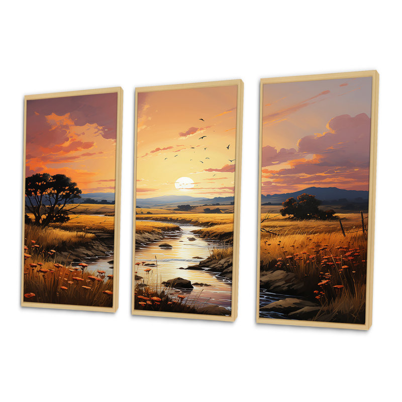 Ensemble de décorations murales Prairies Landscape Fusion At Sunset, Cadre naturel flottant, H 32 po x l 48 po x P 1 po
