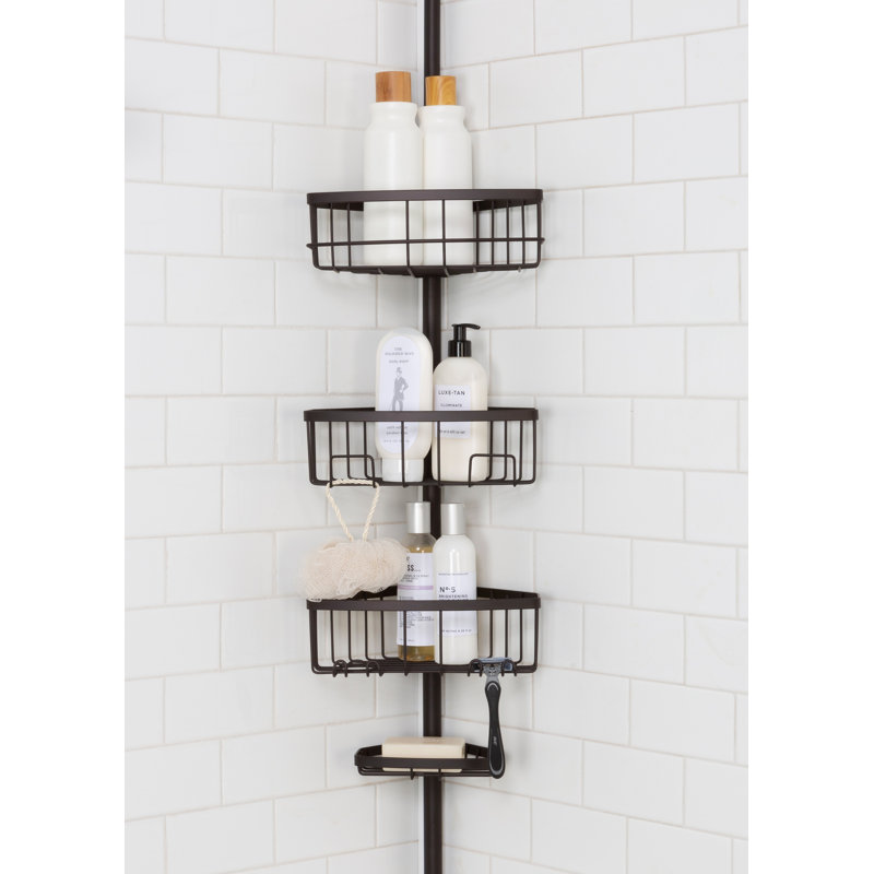  4 Tier Corner Tension Pole Shower Caddy Black Colour | Adjustable Floor to Ceiling Bathroom Organizer | Drill-Free Standing Shower Rack