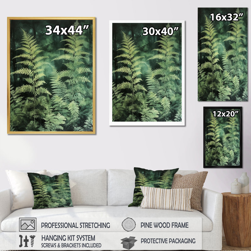 Fougère verte IV sur toile, H 20 po x l 12 po x P 1 po, Toile tendue