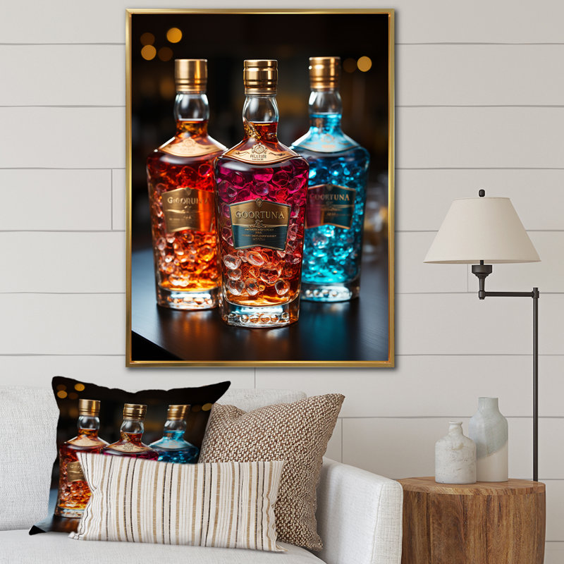 Liquor Spirit Drops Bottles II - Liquor, reproduction sur toile encadrée, 44" H x 34" W, Cadre flottant doré