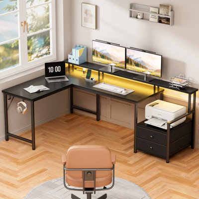 L-Shaped Gaming Desk with LED Lights & Power Outlets, Computer Desk with Drawers & Printer Stand