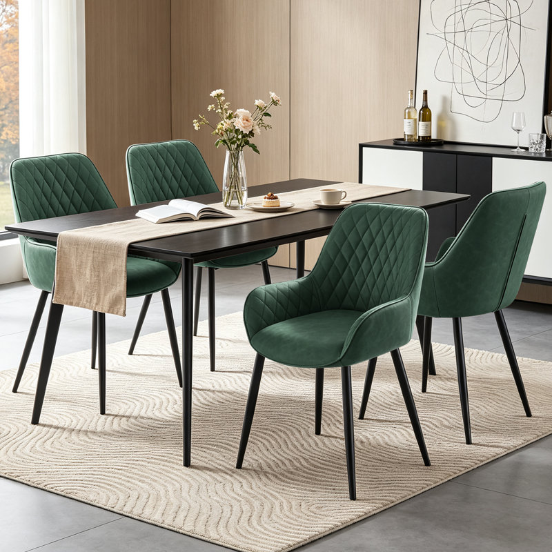 Faux Leather Upholstered Arm Dining Chair Featuring Diamond Quilted Stitching and Tapered Metal Legs, Green, 4
