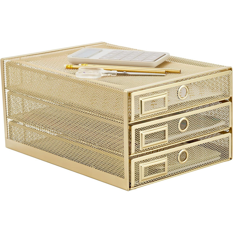 Everly Quinn Wire Mesh Desk Organizer 3 Drawer Sorter - Gold