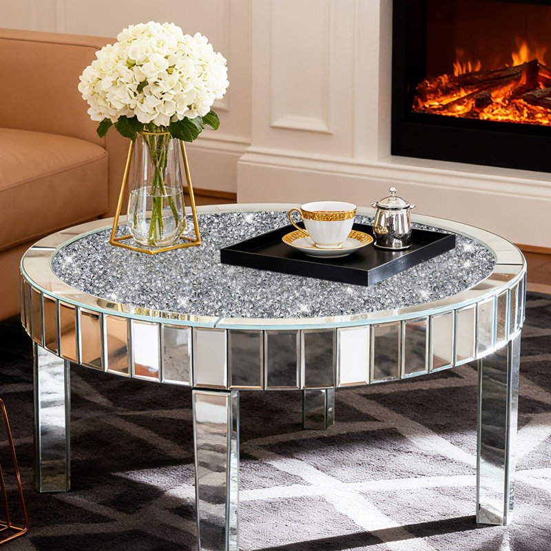 Round Coffee Table Mirrored Diamonds Inlay