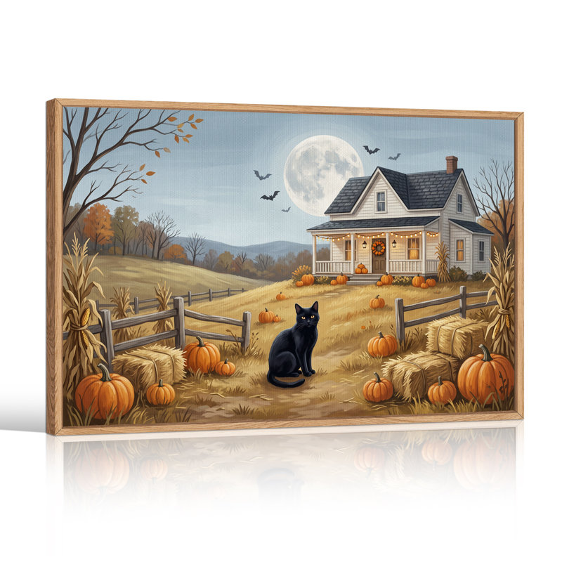 «Black Cat Sitting in Pumpkin Patch Under Full Halloween», art mural sur toile, 32"H x 48"W