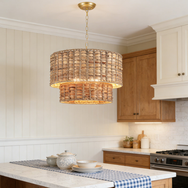 Kaetlin 5 - Light 2-Tier Bohemian Drum Chandelier with Natural Rattan  Lampshade, Farmhouse Kitchen Lighting with E12 Socket -18.9"W x 76"H