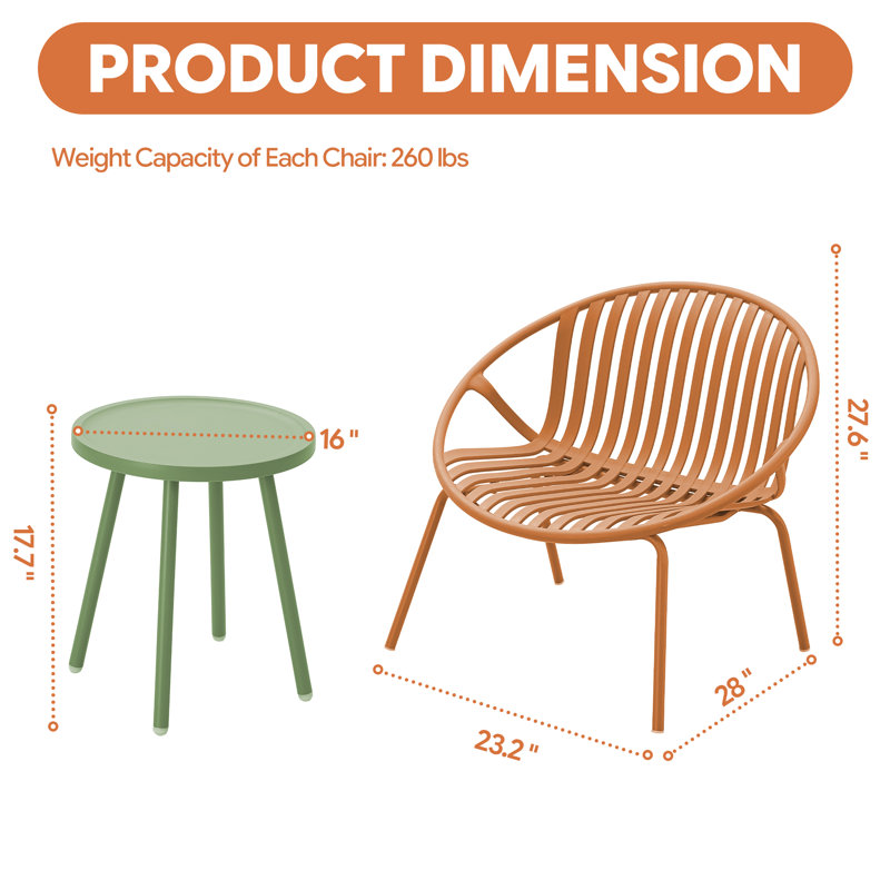 werph 2 - Person Patio Conversation Sets, Resin Weave Seating Group with Table and Resin Chairs, Orange/Green