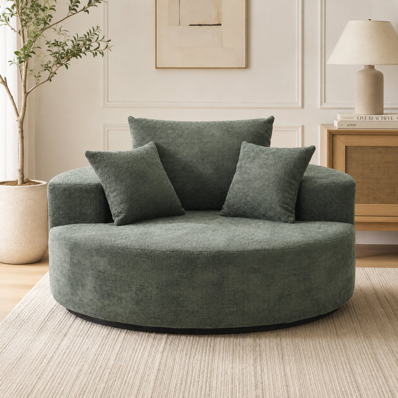 Fauteuil rond en chenille de 140 cm avec 3 coussins, style nuage, vert